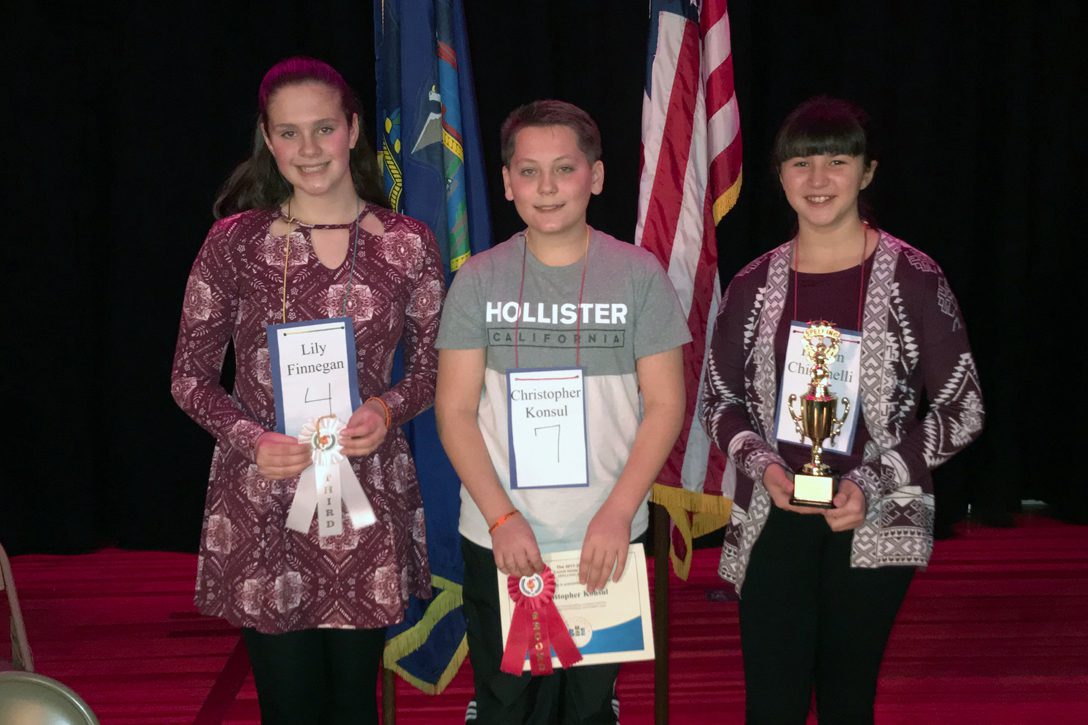 Catskill Middle School’s Spelling Bee Champion, 7th grader Karsen Chiminelli, as well as second place finisher, 7th grader Christopher Konsul, and third place finisher, 8th grader Elizabeth Finnegan