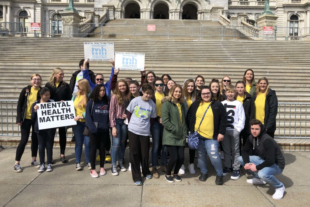 Catskill students who attended rally pose for picture on the steps of the NYS Capital