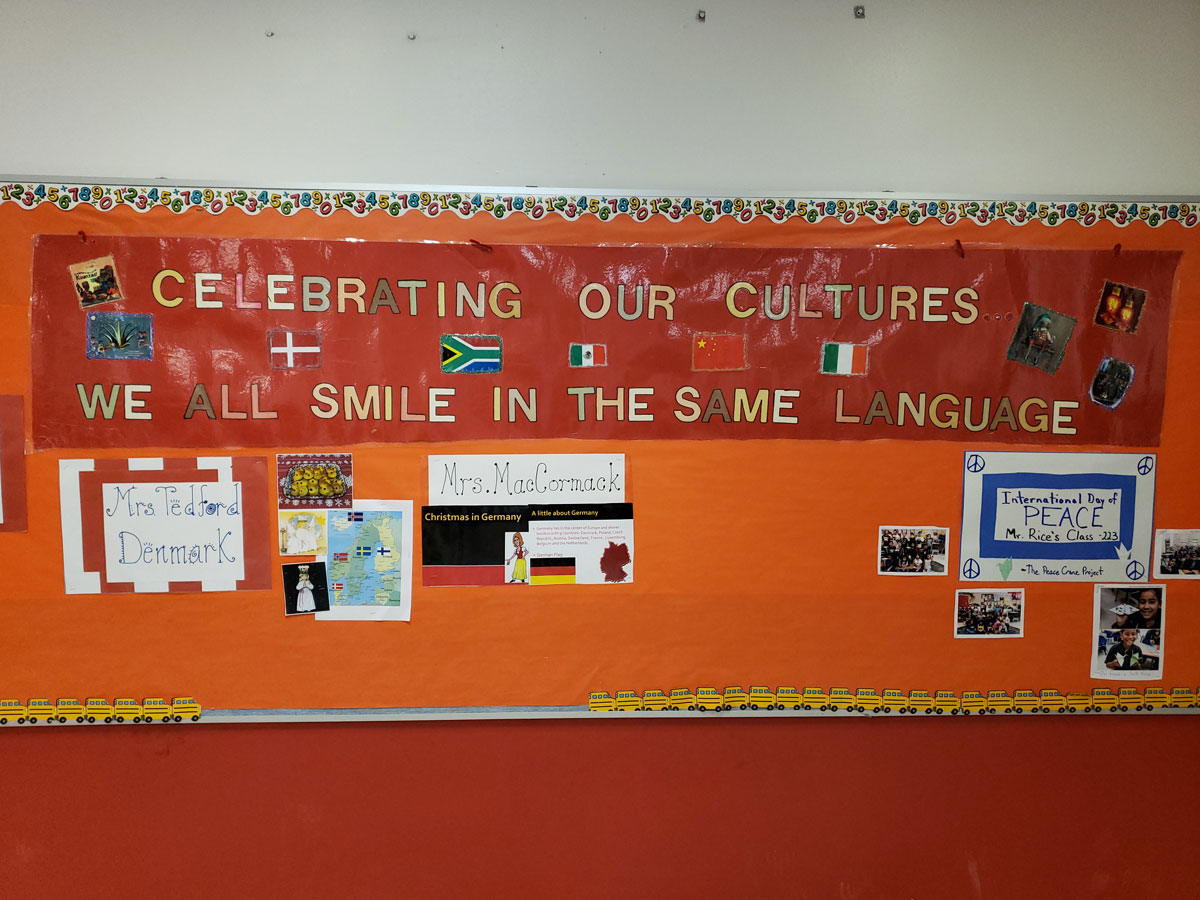 bulletin board with multi-cultural holiday theme