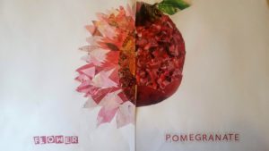split painting of flower and pomegranate