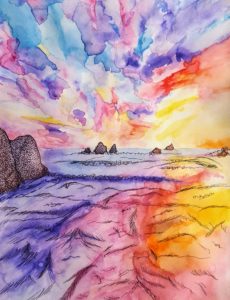 watercolor painting of sunset over rocky bay