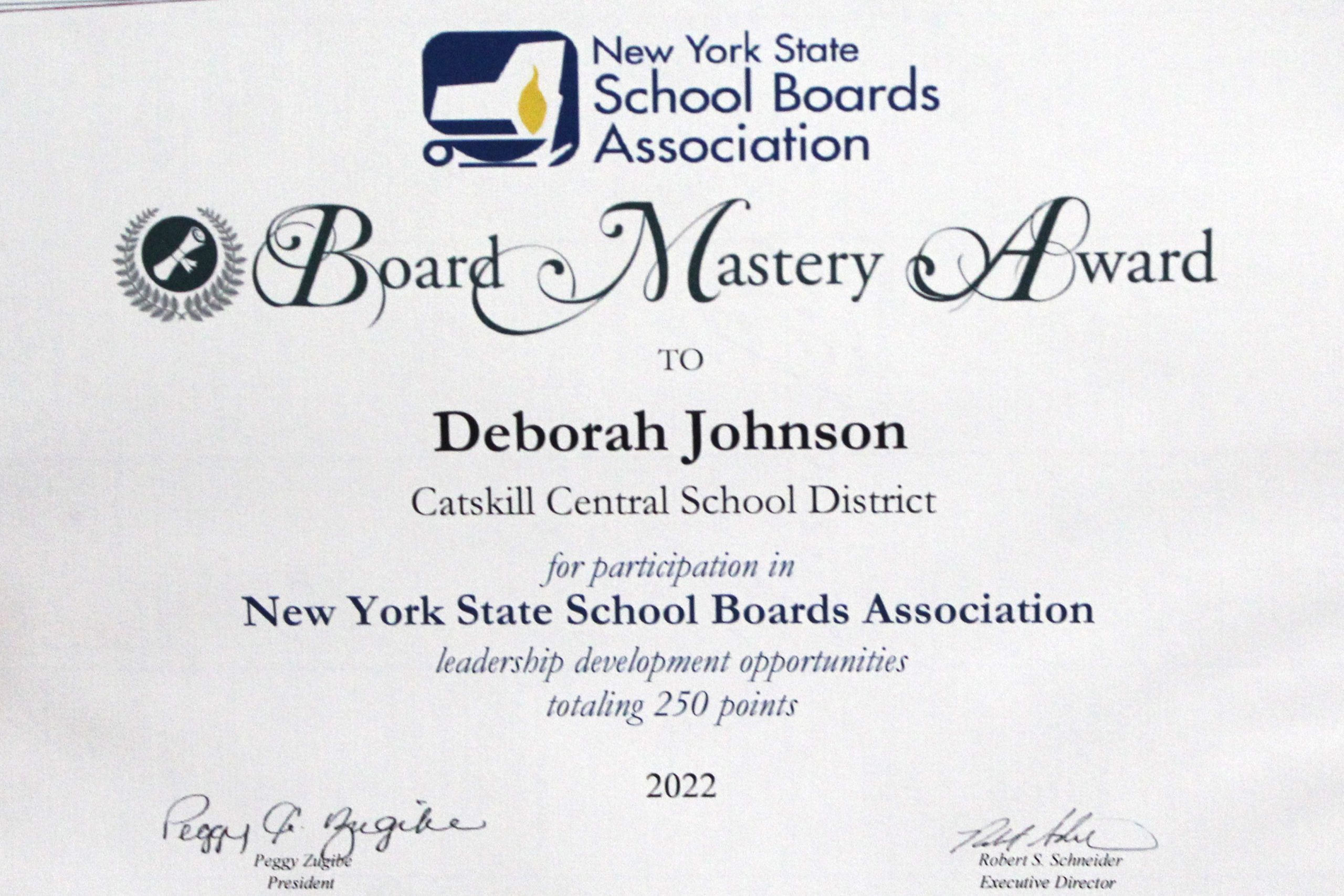 Board Mastery Award Certificate for Deborah Johnson