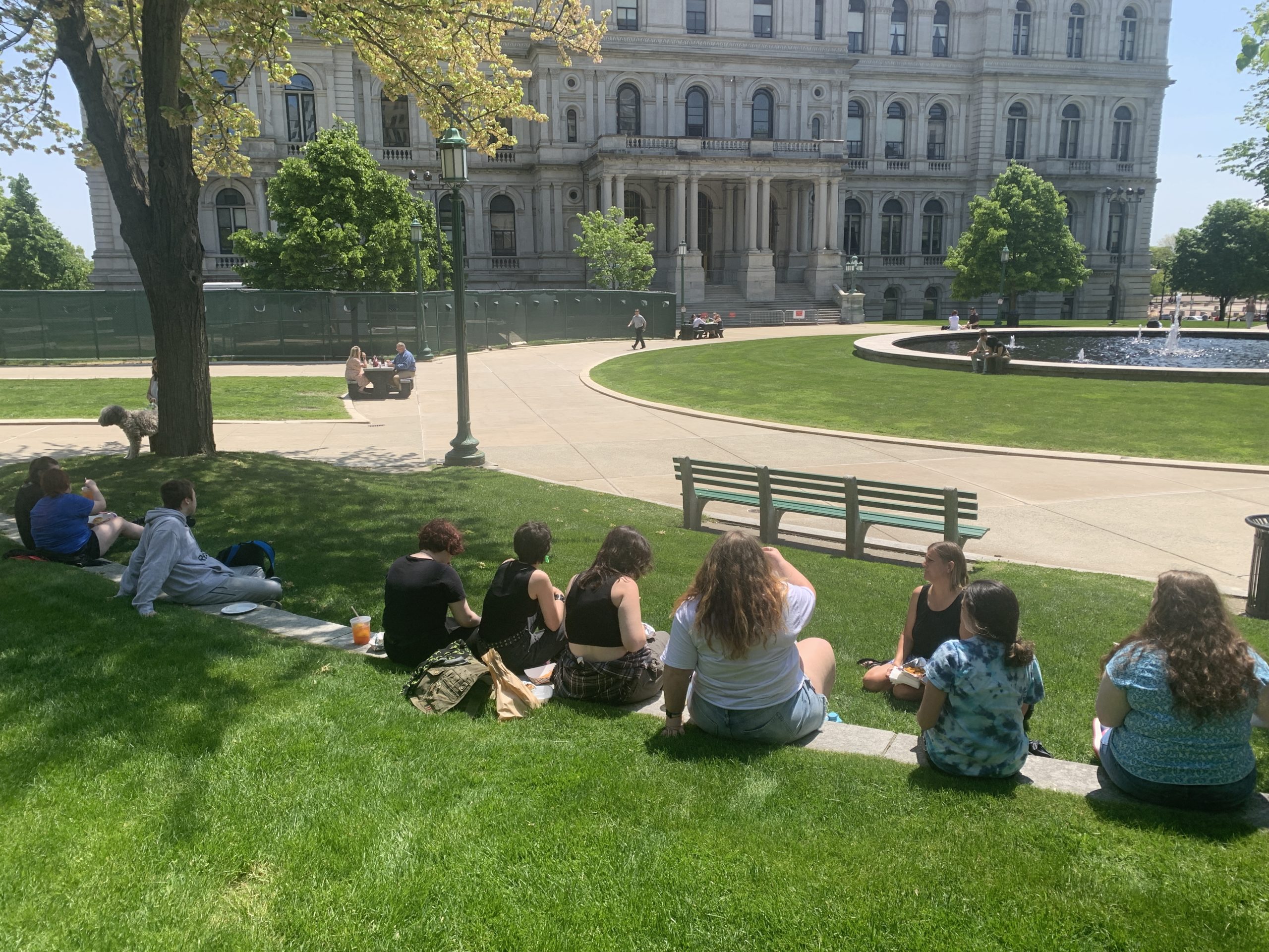 students eating lunch in park