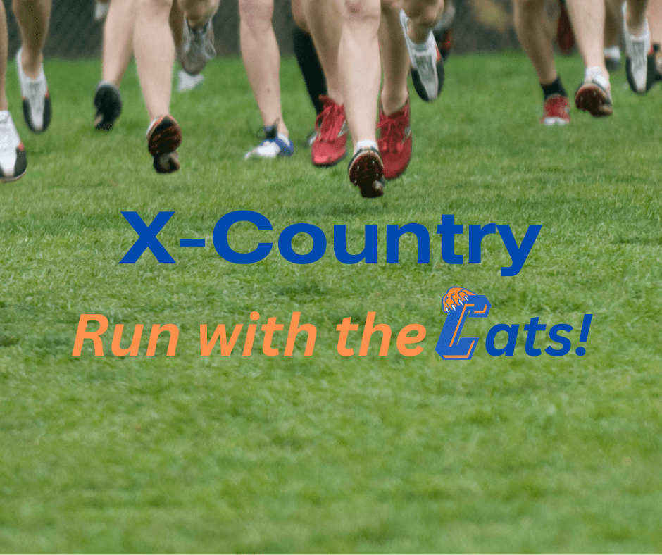 runners on field and the words X-Country run for with the Cats