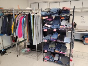 clothing on racks and shelves