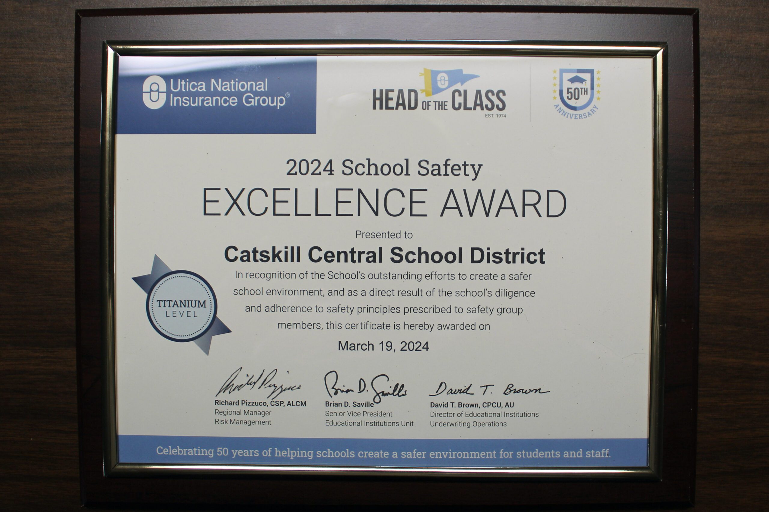 Catskill CSD's School Safety Excellence Award from Utica National