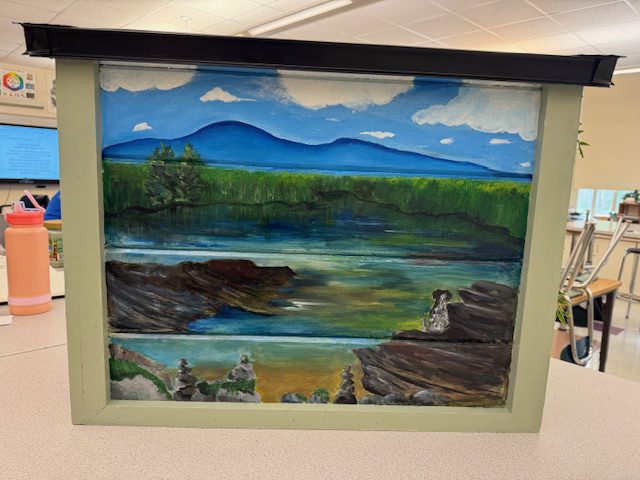 catskill river valley landscape painted on woden box